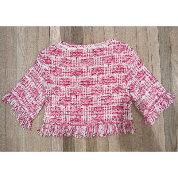 Chanel 24P Pink White Knit Frayed Tweed CC Logo Short Sleeve Pullover Top 38 - Picture 13 of 16